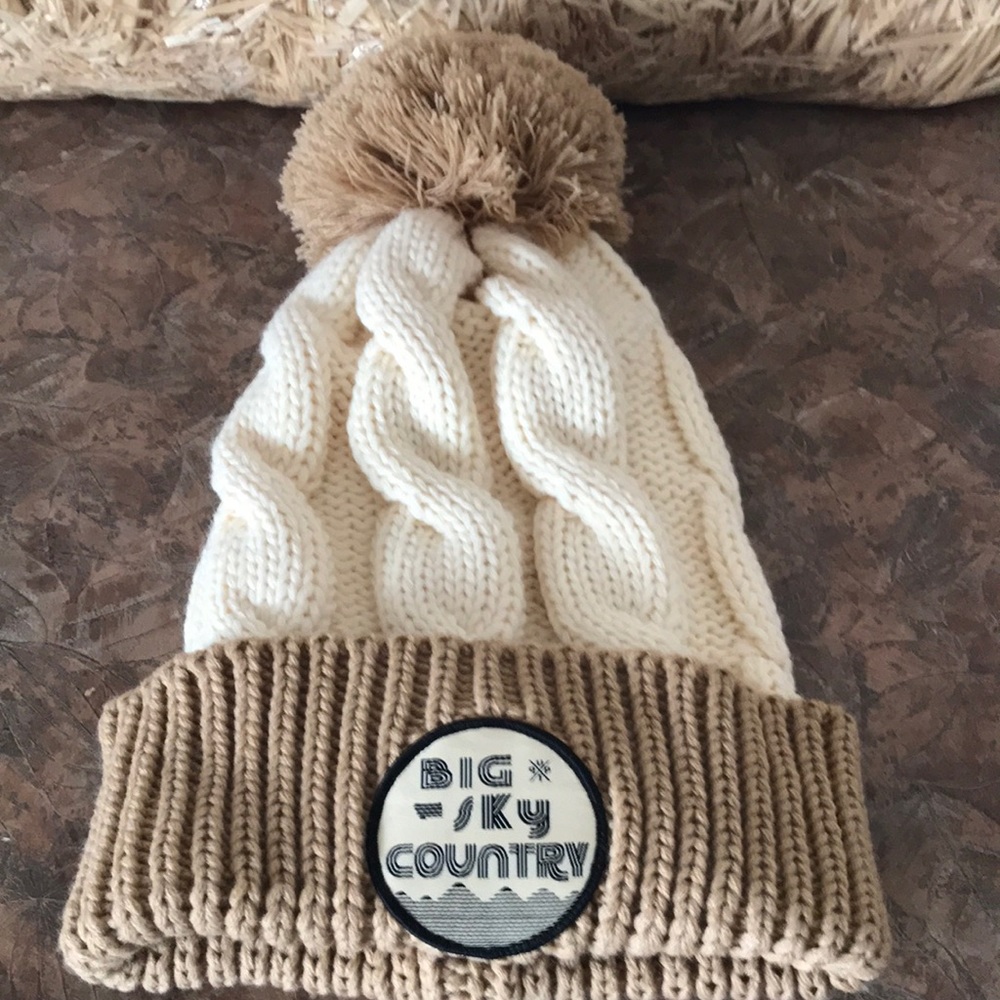 Big Sky Country beige and light brown pom pom beanie